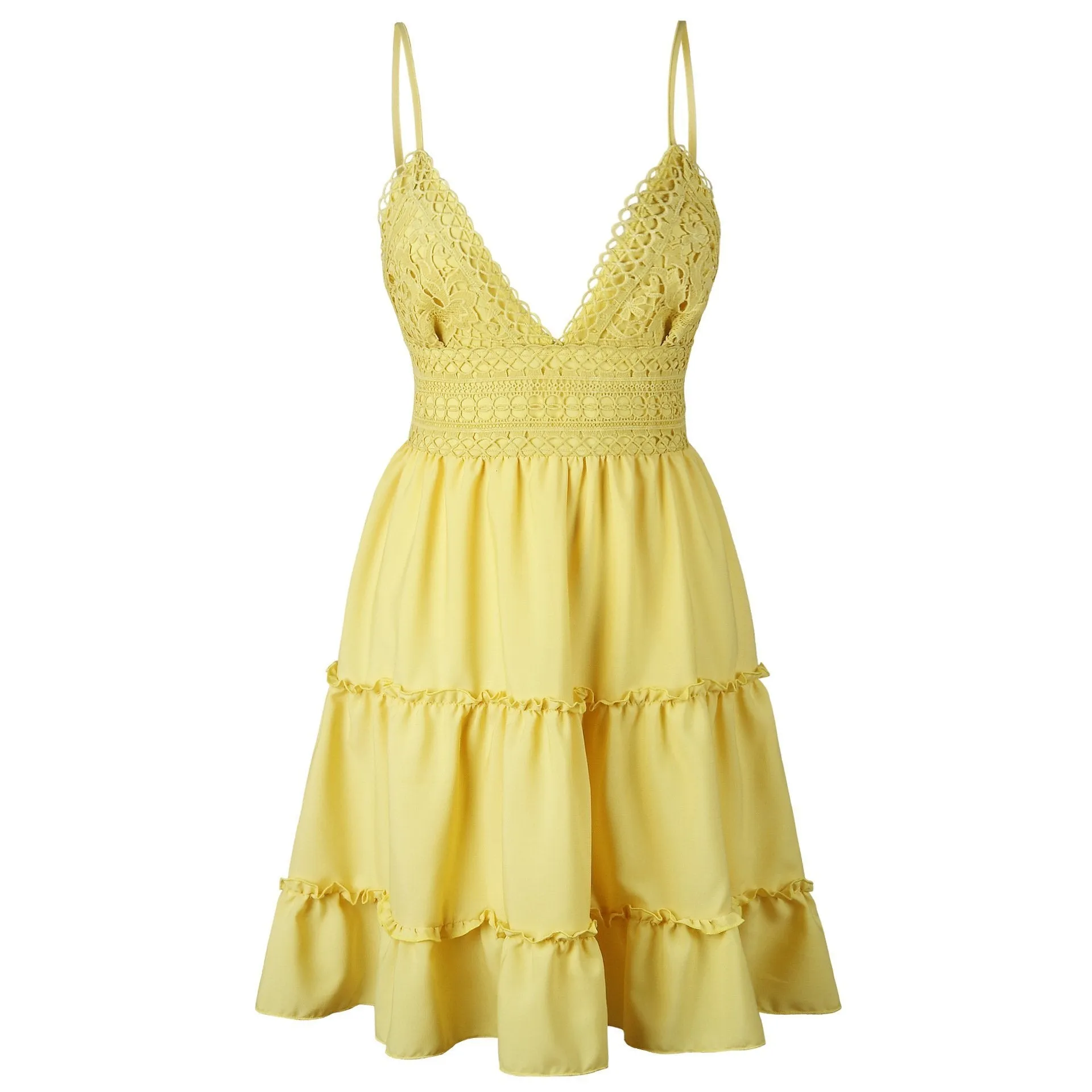 Dunnmall Women Lace Sexy Backless V-neck Beach Dresses Sleeveless Mini Sundress
