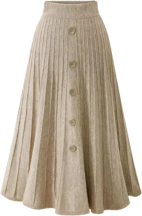 ebossy Womens Fall Winter Elegant Stretchy High Waisted Button Front A-Line Pleated Knitted Midi Long Skirt