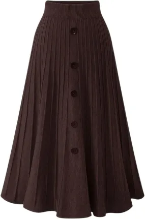ebossy Womens Fall Winter Elegant Stretchy High Waisted Button Front A-Line Pleated Knitted Midi Long Skirt