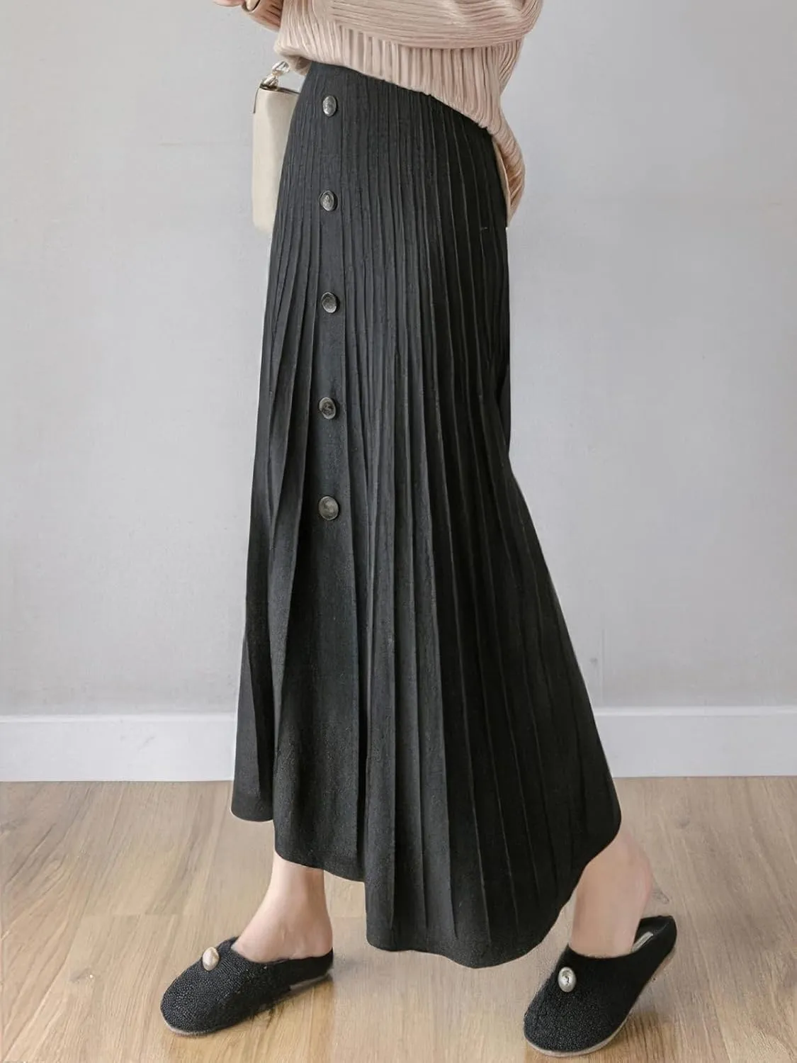 ebossy Womens Fall Winter Elegant Stretchy High Waisted Button Front A-Line Pleated Knitted Midi Long Skirt