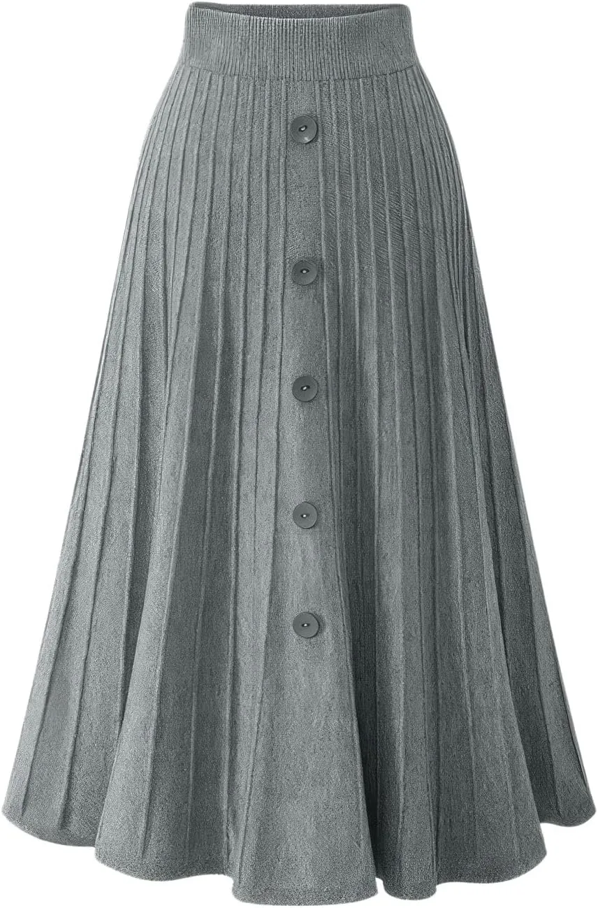 ebossy Womens Fall Winter Elegant Stretchy High Waisted Button Front A-Line Pleated Knitted Midi Long Skirt
