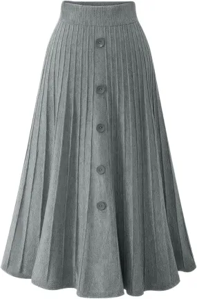 ebossy Womens Fall Winter Elegant Stretchy High Waisted Button Front A-Line Pleated Knitted Midi Long Skirt