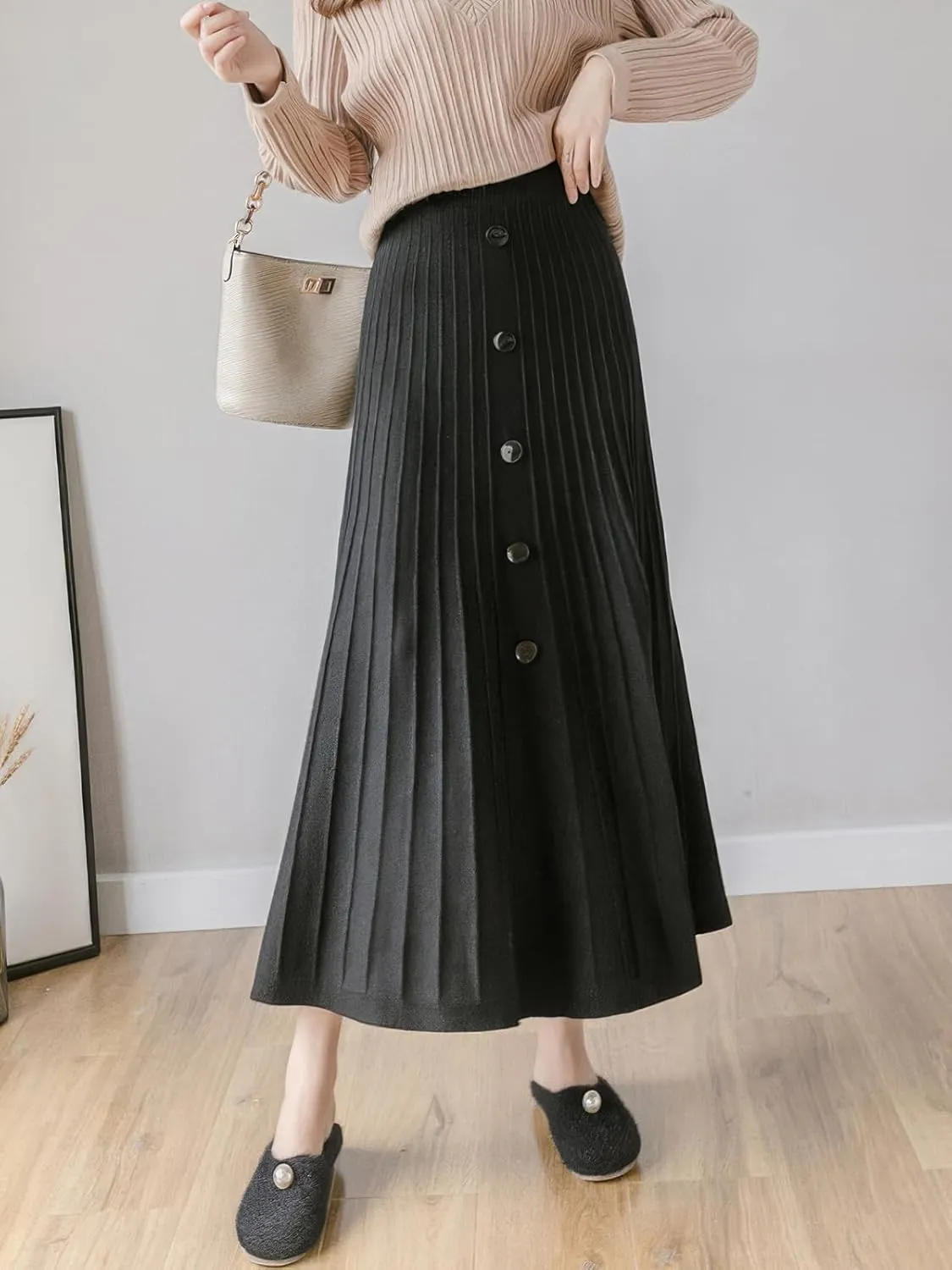 ebossy Womens Fall Winter Elegant Stretchy High Waisted Button Front A-Line Pleated Knitted Midi Long Skirt