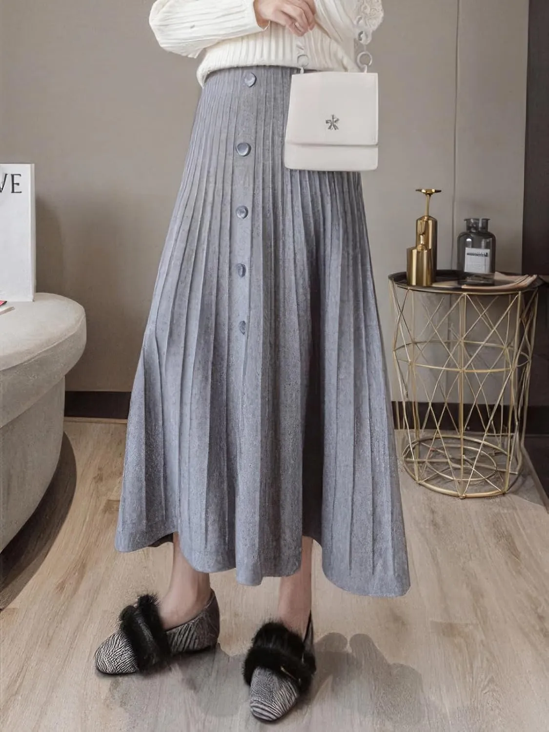 ebossy Womens Fall Winter Elegant Stretchy High Waisted Button Front A-Line Pleated Knitted Midi Long Skirt