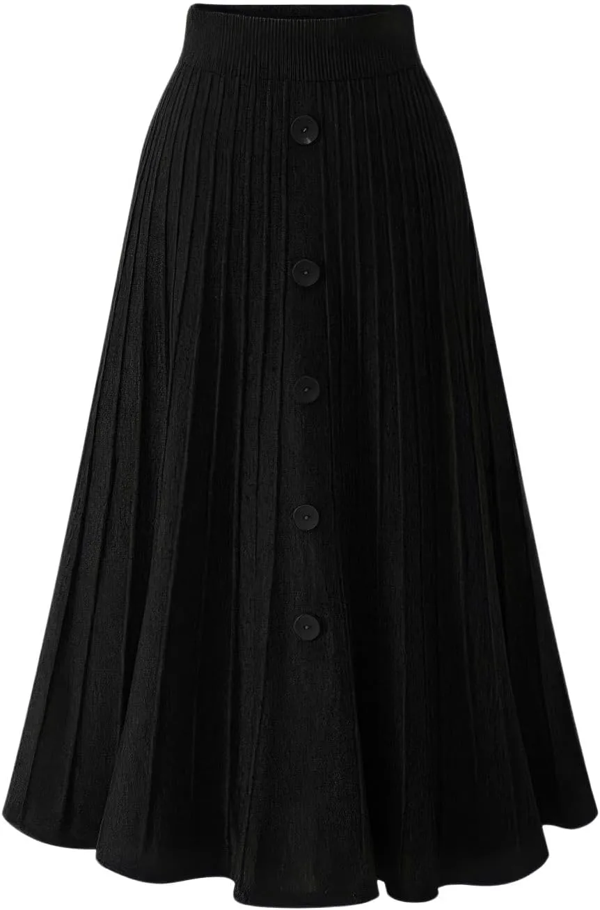 ebossy Womens Fall Winter Elegant Stretchy High Waisted Button Front A-Line Pleated Knitted Midi Long Skirt