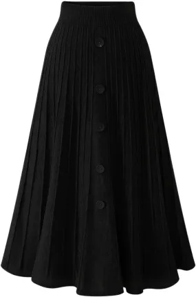 ebossy Womens Fall Winter Elegant Stretchy High Waisted Button Front A-Line Pleated Knitted Midi Long Skirt
