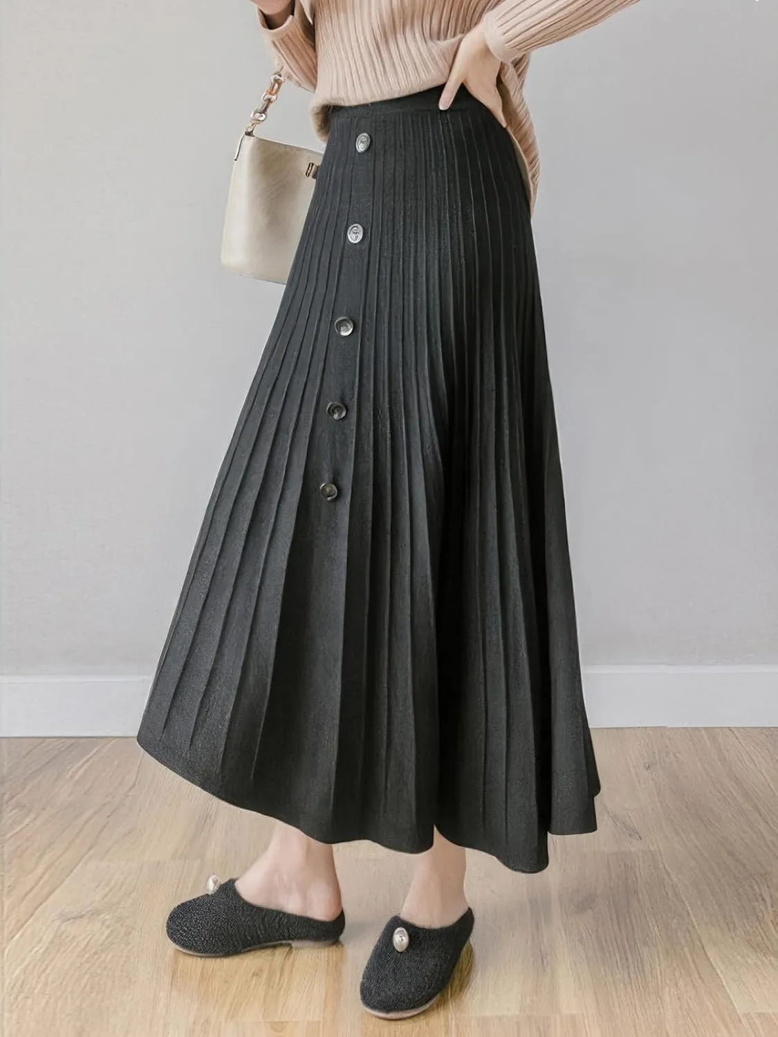 ebossy Womens Fall Winter Elegant Stretchy High Waisted Button Front A-Line Pleated Knitted Midi Long Skirt
