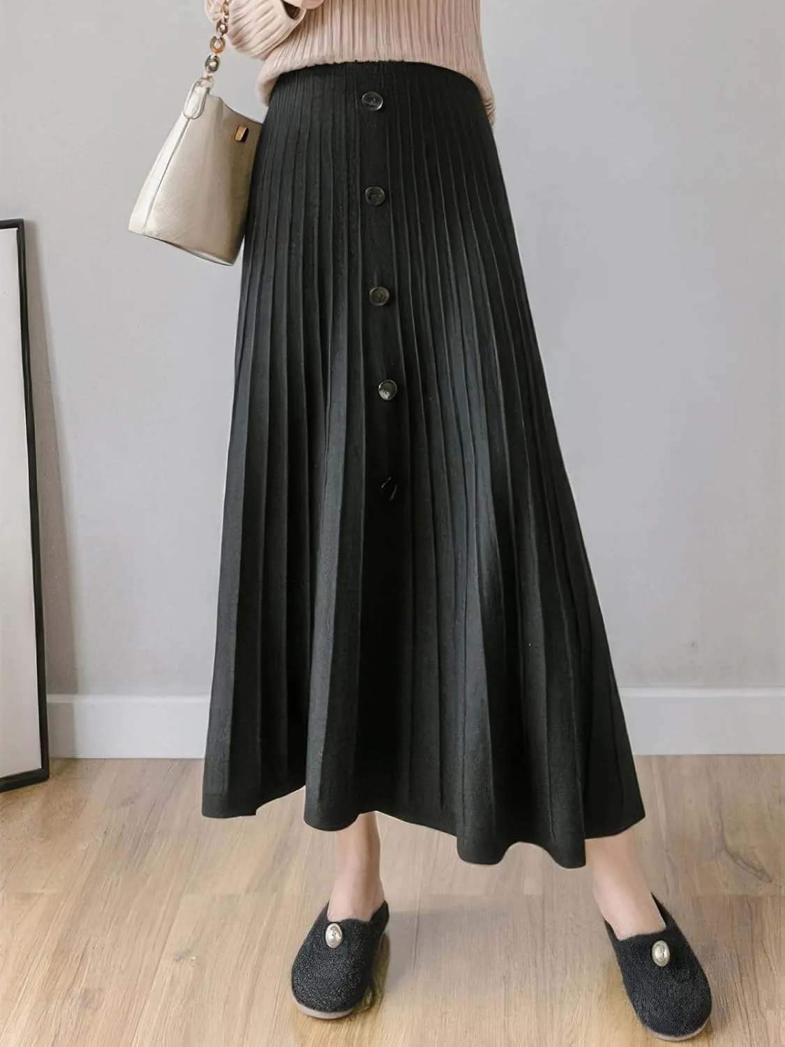 ebossy Womens Fall Winter Elegant Stretchy High Waisted Button Front A-Line Pleated Knitted Midi Long Skirt