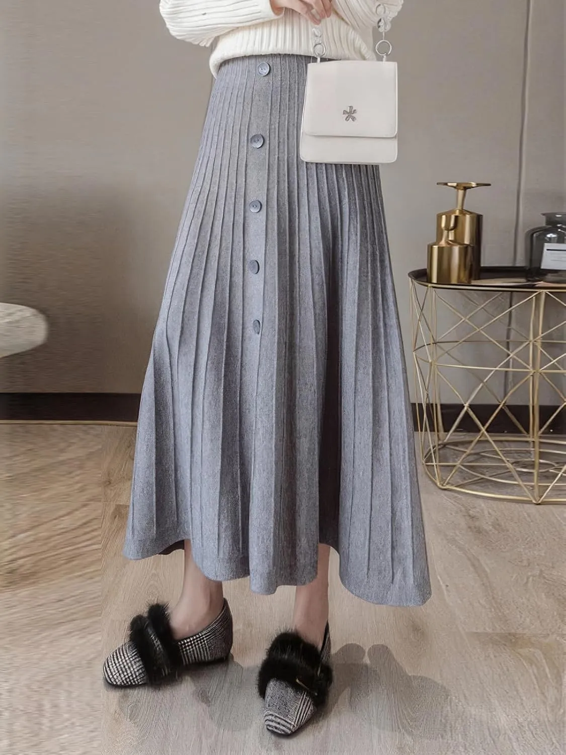 ebossy Womens Fall Winter Elegant Stretchy High Waisted Button Front A-Line Pleated Knitted Midi Long Skirt