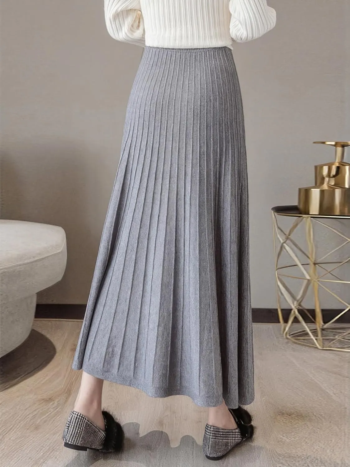 ebossy Womens Fall Winter Elegant Stretchy High Waisted Button Front A-Line Pleated Knitted Midi Long Skirt