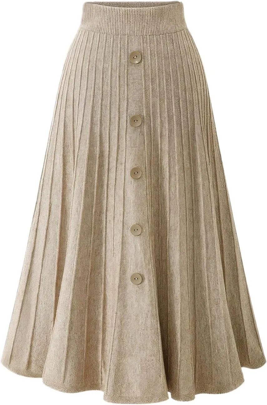 ebossy Womens Fall Winter Elegant Stretchy High Waisted Button Front A-Line Pleated Knitted Midi Long Skirt