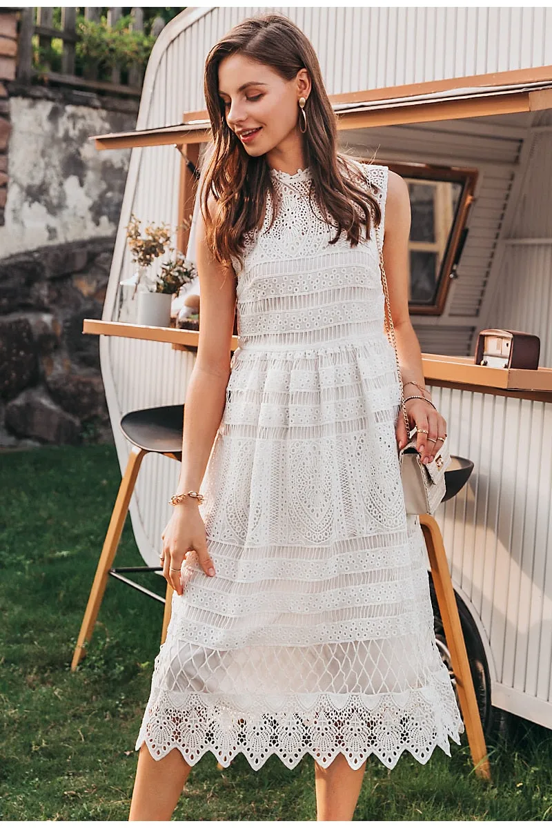 Elegant Sleeveless White Casual Embroidery Long Sundress Summer Maxi Dress