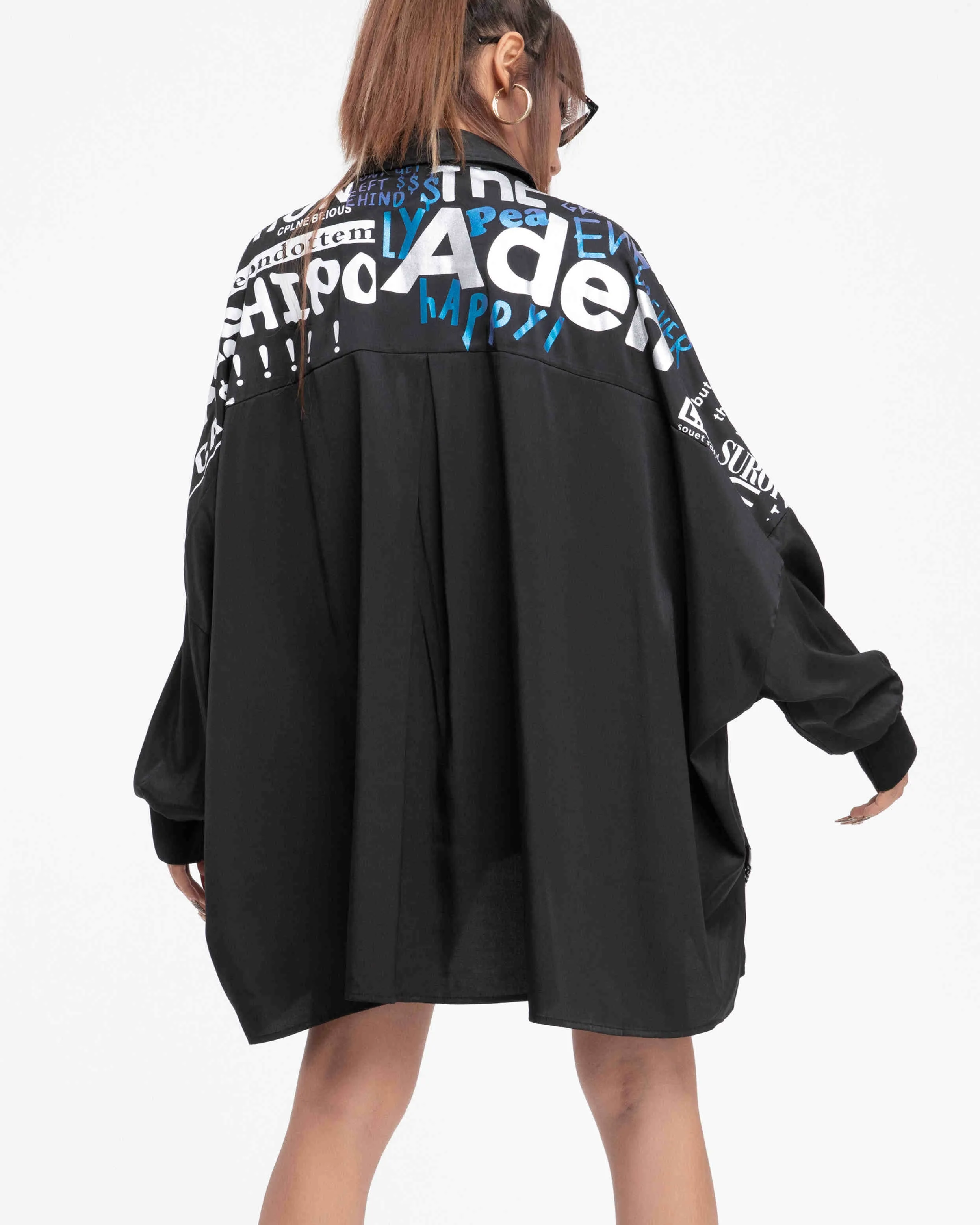 ellazhu Women's Oversized Shirt Batwing High Low Newspaper Print Top GY2749