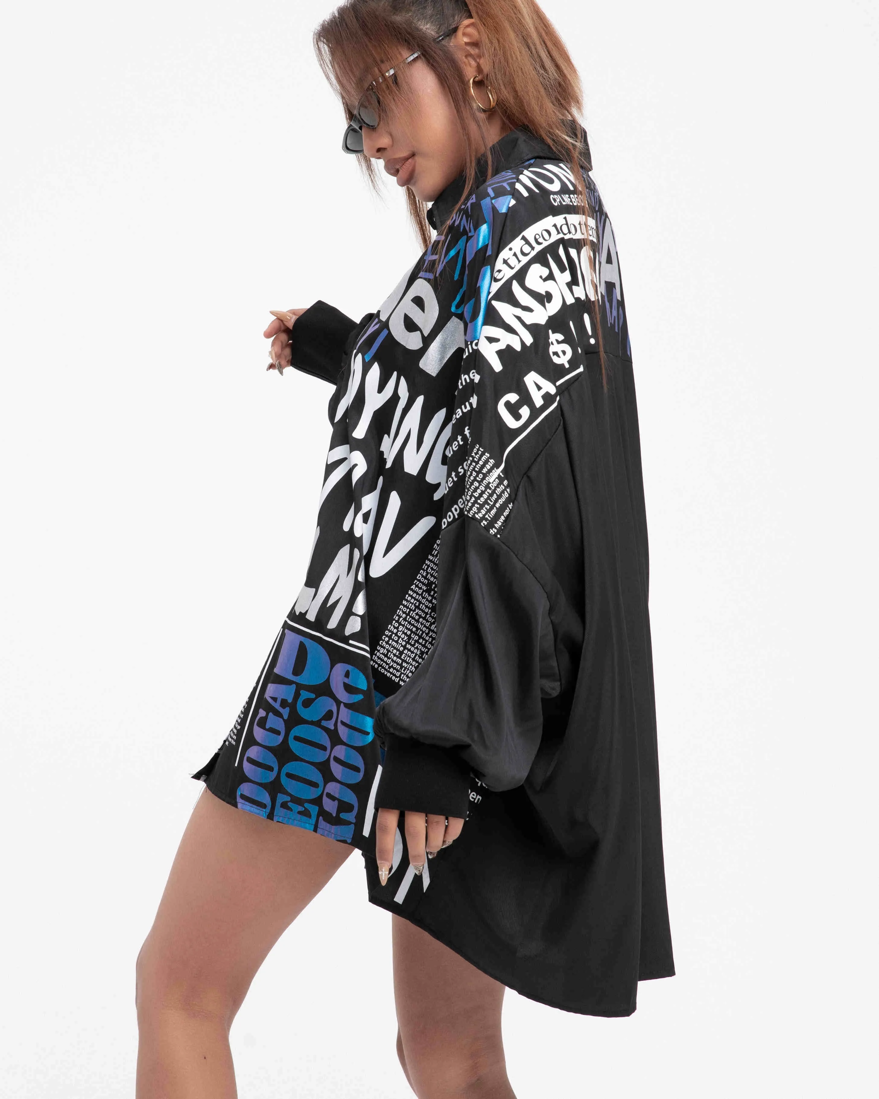 ellazhu Women's Oversized Shirt Batwing High Low Newspaper Print Top GY2749