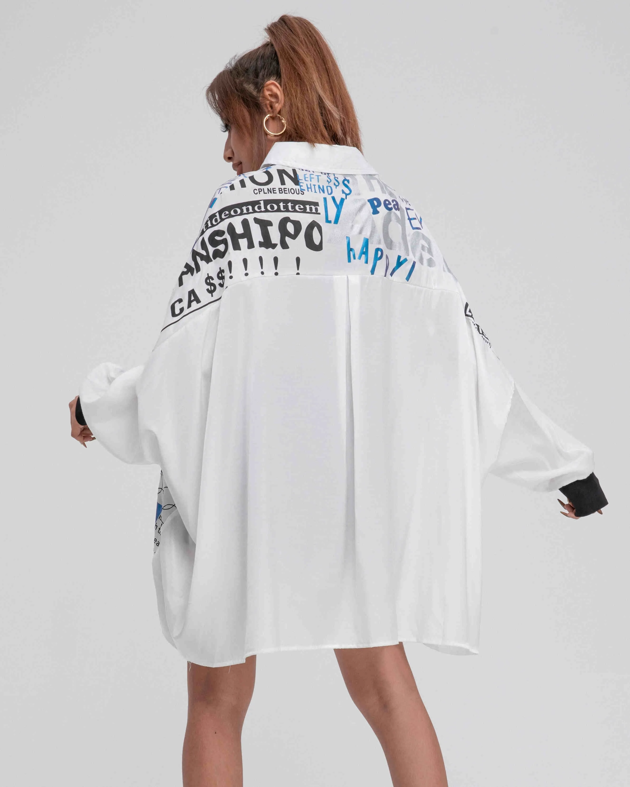 ellazhu Women's Oversized Shirt Batwing High Low Newspaper Print Top GY2749