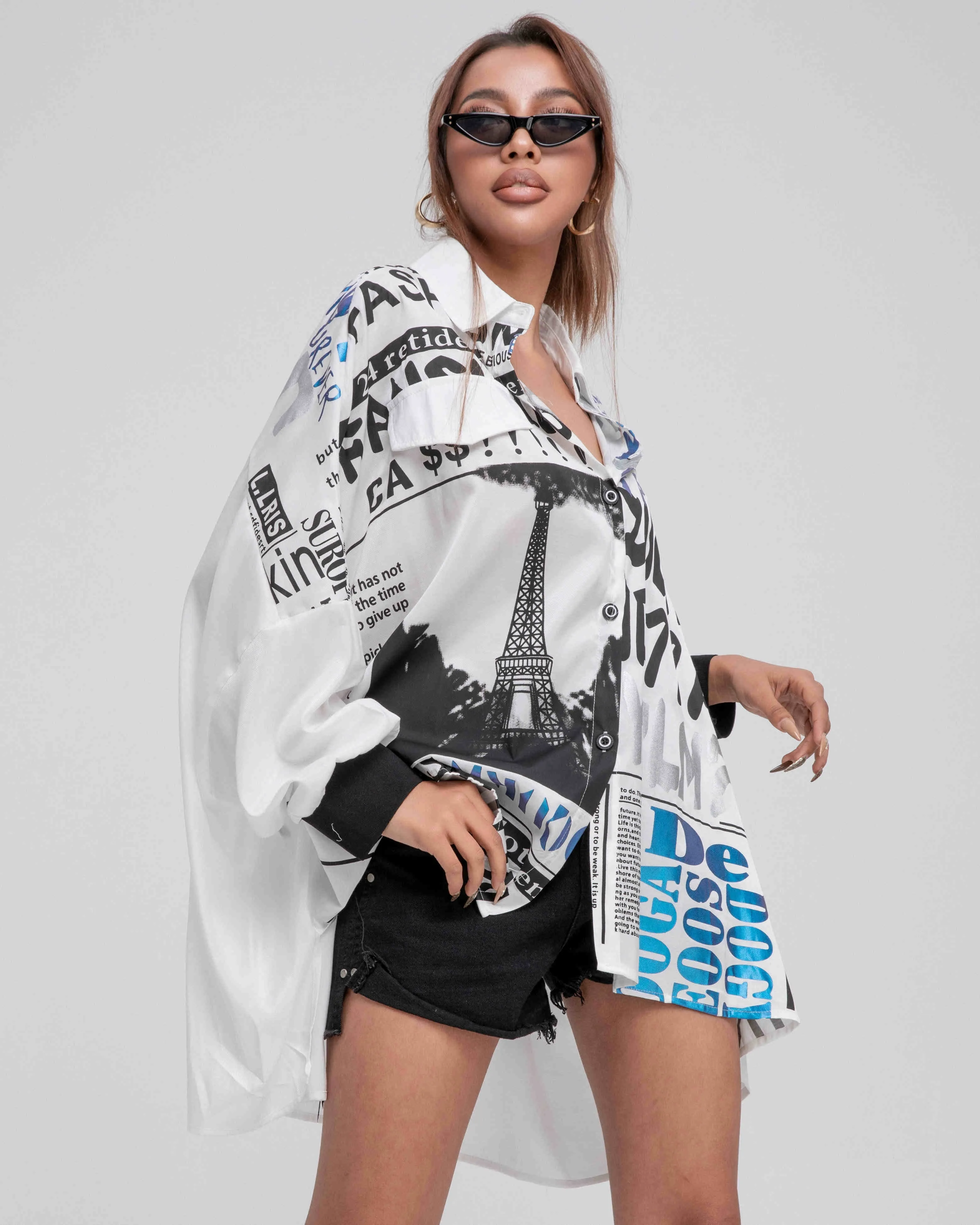 ellazhu Women's Oversized Shirt Batwing High Low Newspaper Print Top GY2749