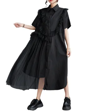 ellazhu Women's Short Sleeves Solid Color Tulle Dress Button Down Shirt Dress GZ181