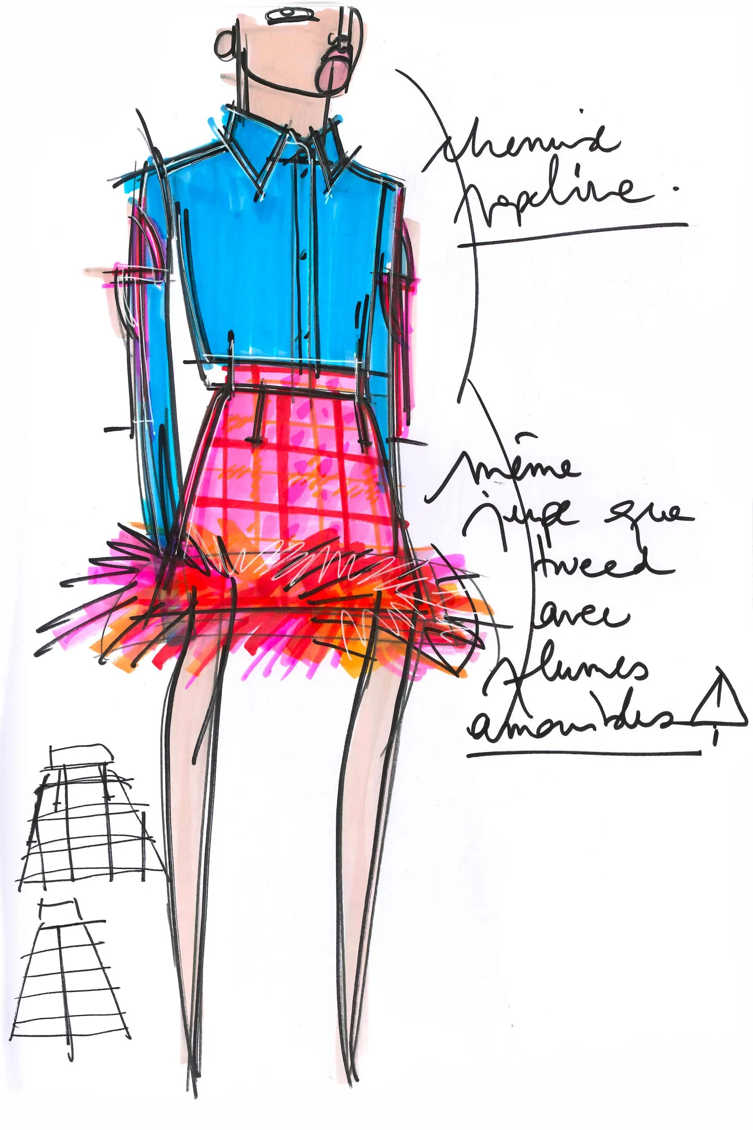 Feather hem checked wool mini skirt