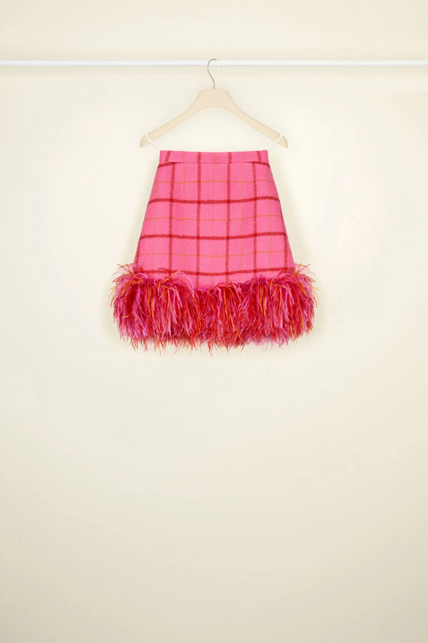 Feather hem checked wool mini skirt