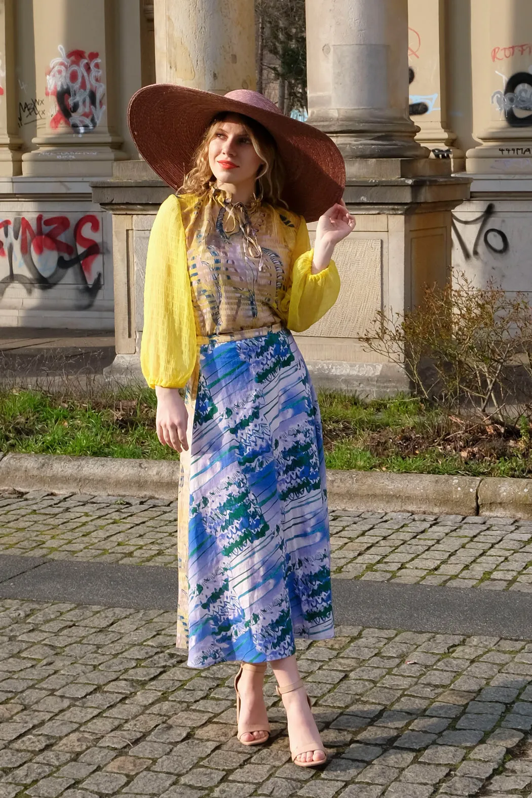 Flared Midi Skirt Blue Yellow