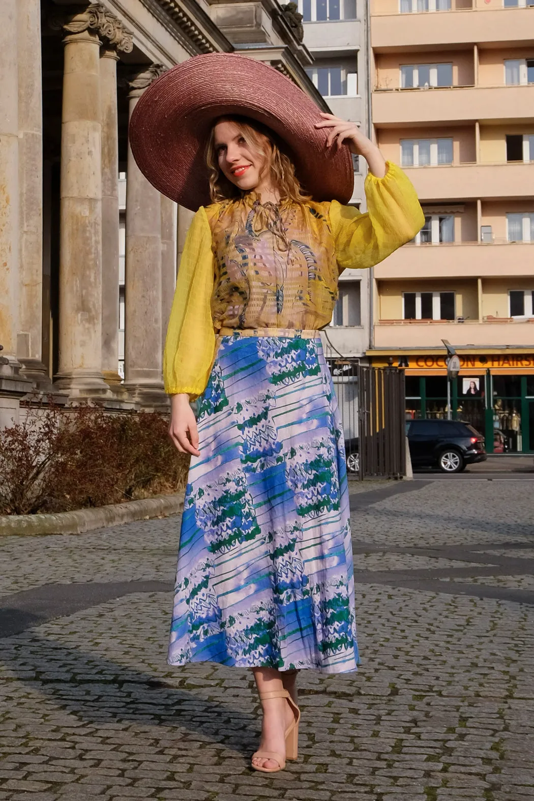 Flared Midi Skirt Blue Yellow