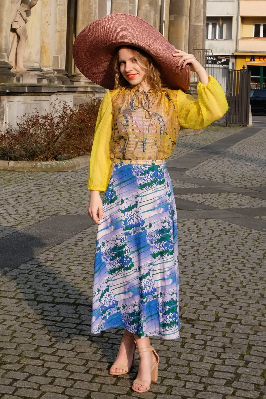 Flared Midi Skirt Blue Yellow