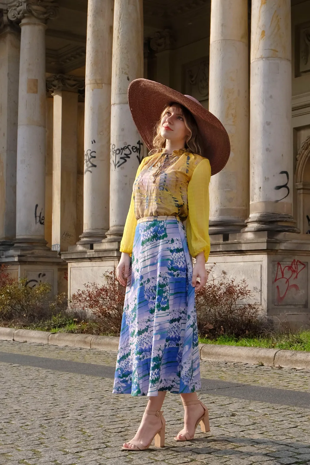 Flared Midi Skirt Blue Yellow