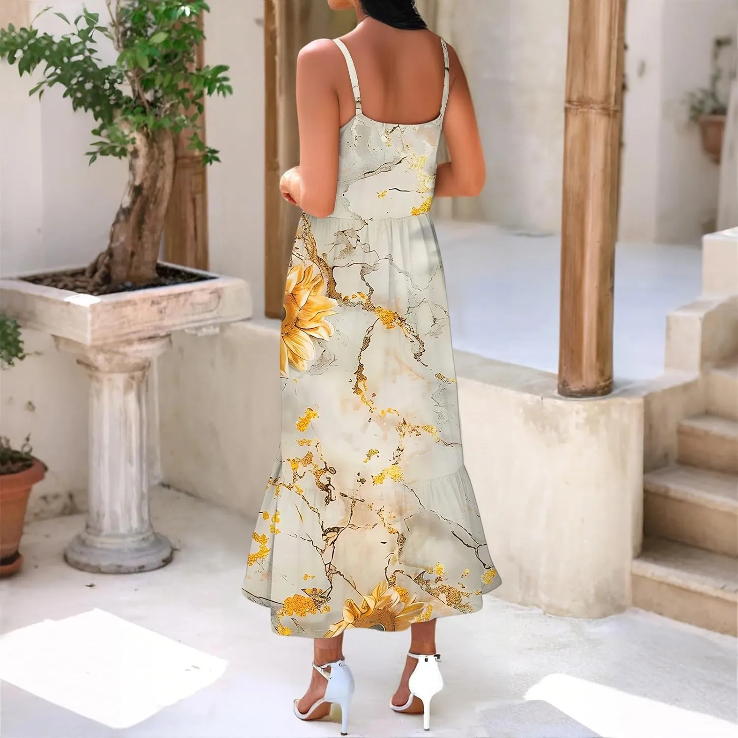 Flowy Summer Dress, Trendy Vacation Beach Casual Elegant Midi Womens Sundress