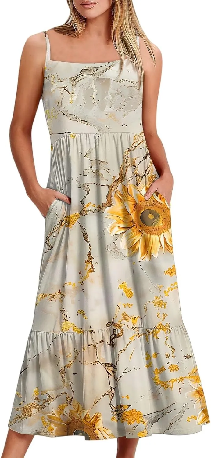 Flowy Summer Dress, Trendy Vacation Beach Casual Elegant Midi Womens Sundress