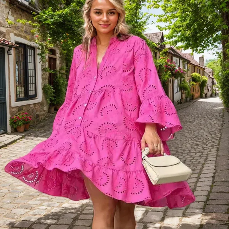 Flytonn-Casual Loose Ruched Women Dress Fashion New Lace Hollow Out Flare Long Sleeve Beach Sundress Elegant Solid A-Line Dress Vestidos