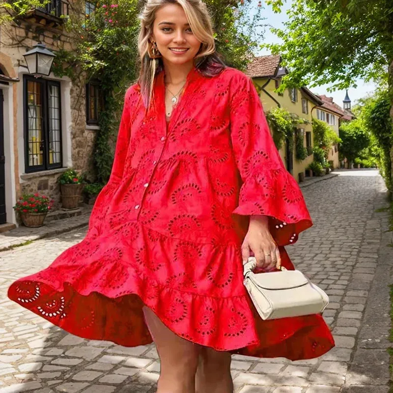 Flytonn-Casual Loose Ruched Women Dress Fashion New Lace Hollow Out Flare Long Sleeve Beach Sundress Elegant Solid A-Line Dress Vestidos