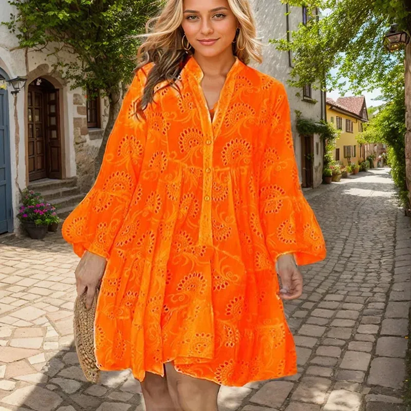 Flytonn-Casual Loose Ruched Women Dress Fashion New Lace Hollow Out Flare Long Sleeve Beach Sundress Elegant Solid A-Line Dress Vestidos