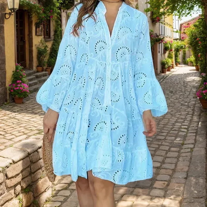 Flytonn-Casual Loose Ruched Women Dress Fashion New Lace Hollow Out Flare Long Sleeve Beach Sundress Elegant Solid A-Line Dress Vestidos