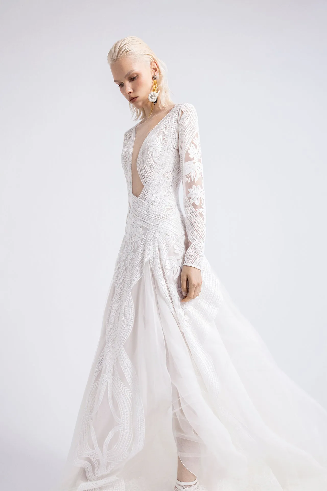 Guipure and Chiffon Long-Sleeved Flared Dress