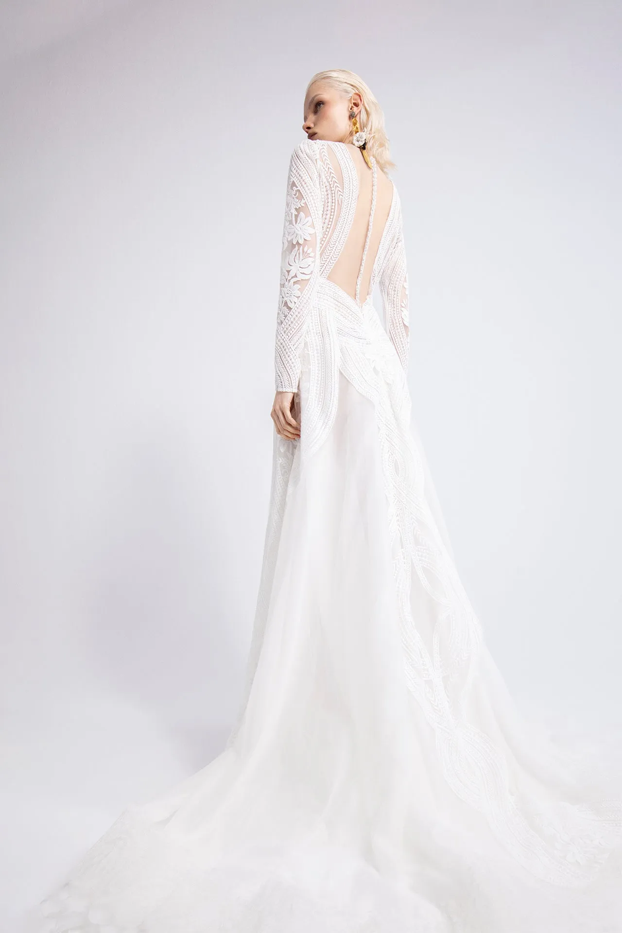 Guipure and Chiffon Long-Sleeved Flared Dress