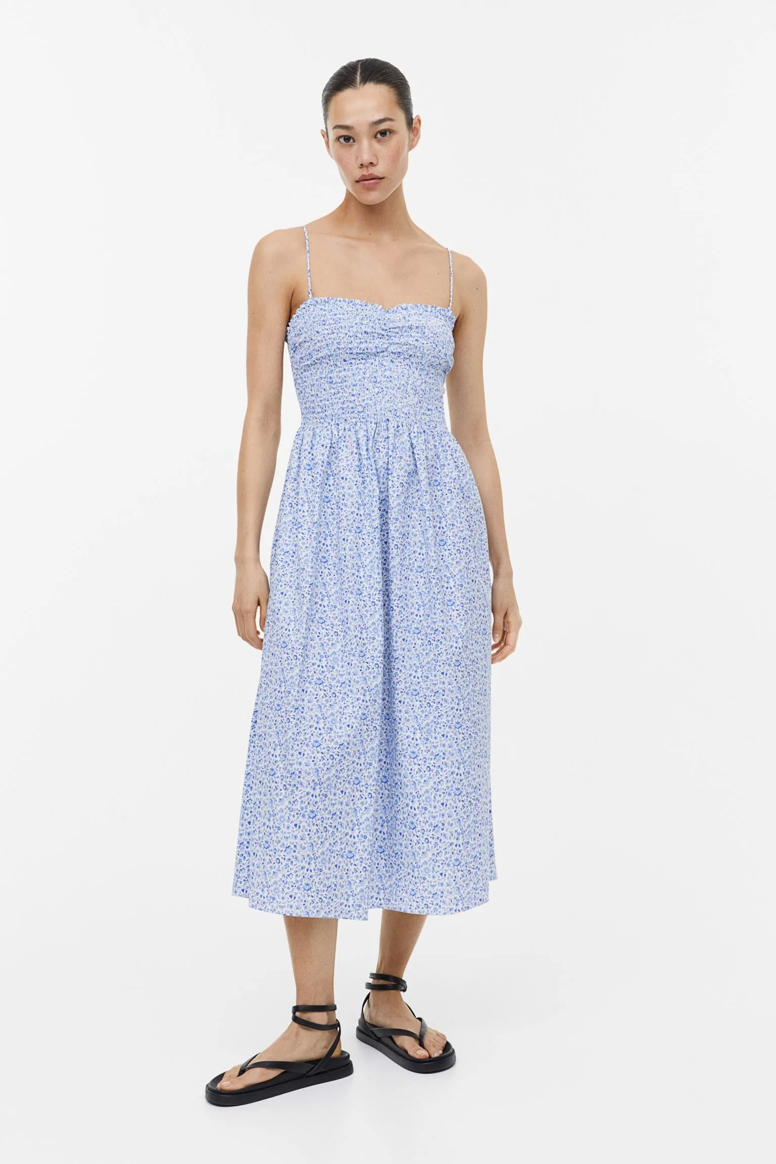 H&M Smocked Cotton dress, white/blue