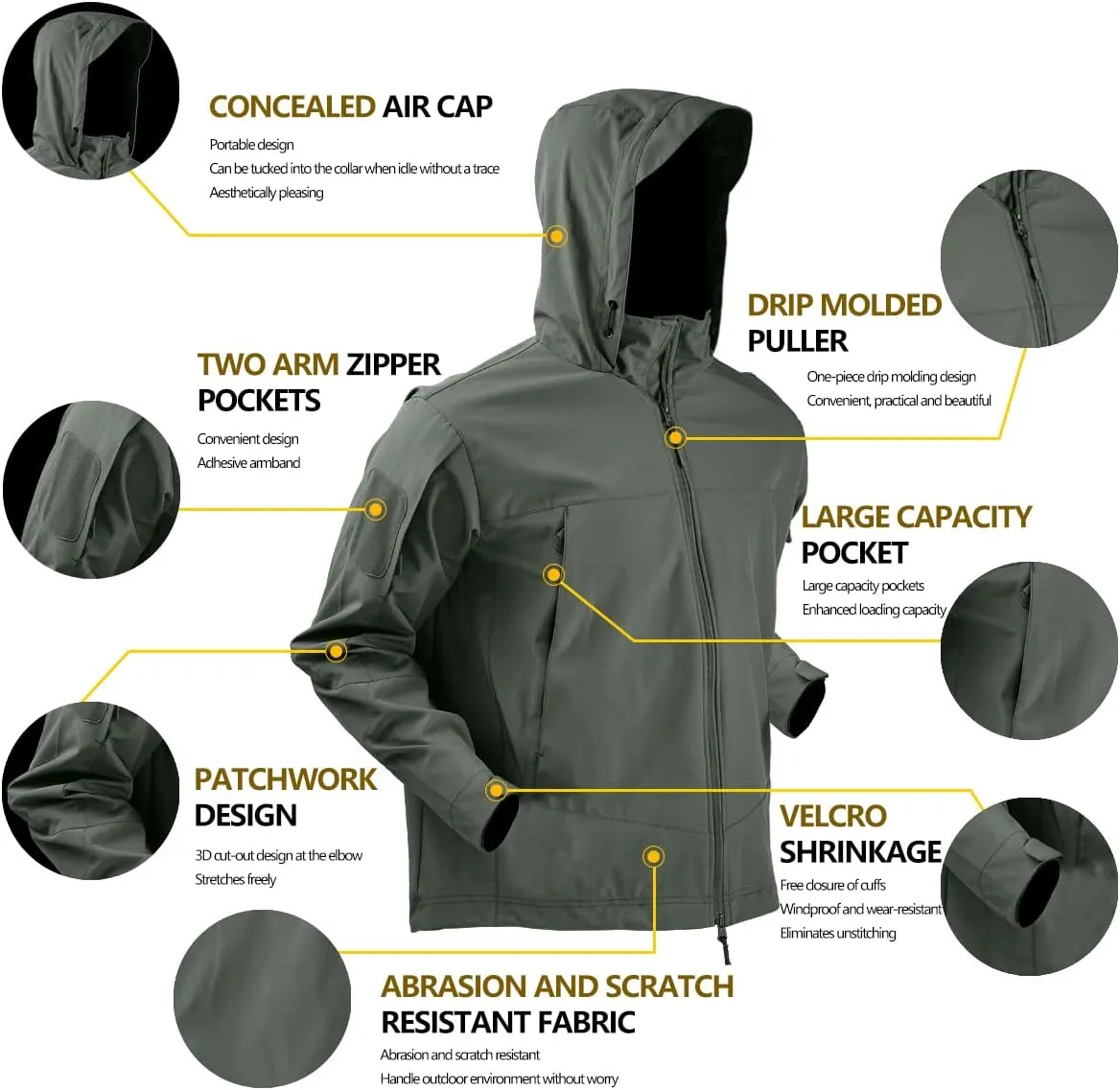 HAN·WILD Men's Tactical Jacket Lightweight Windbreaker Spring Combat Soft Shell with Hooded Military Outdoor Coats