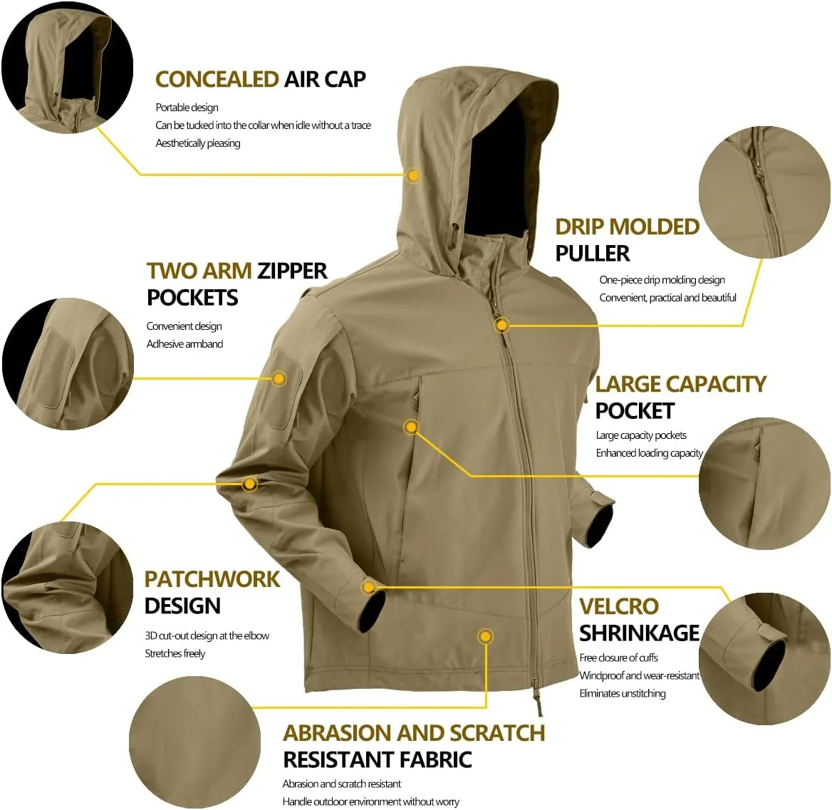 HAN·WILD Men's Tactical Jacket Lightweight Windbreaker Spring Combat Soft Shell with Hooded Military Outdoor Coats