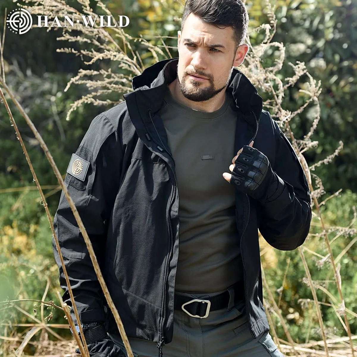 HAN·WILD Men's Tactical Jacket Lightweight Windbreaker Spring Combat Soft Shell with Hooded Military Outdoor Coats