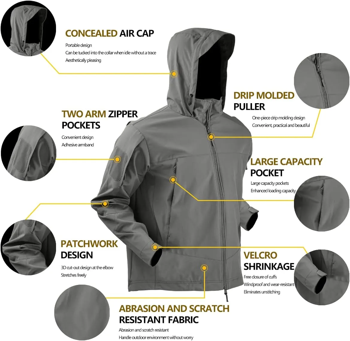 HAN·WILD Men's Tactical Jacket Lightweight Windbreaker Spring Combat Soft Shell with Hooded Military Outdoor Coats