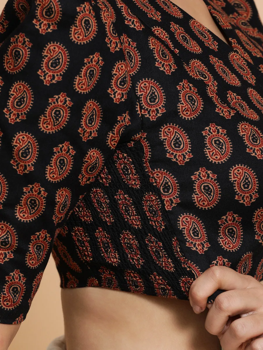 Indira x Rozaana | Elbow Sleeves Cotton Saree Blouse in Black Mango Block Print Fabric