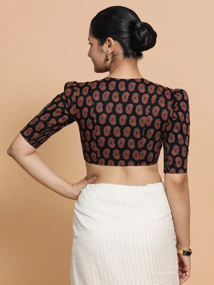 Indira x Rozaana | Elbow Sleeves Cotton Saree Blouse in Black Mango Block Print Fabric