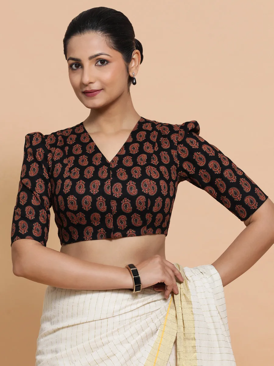 Indira x Rozaana | Elbow Sleeves Cotton Saree Blouse in Black Mango Block Print Fabric