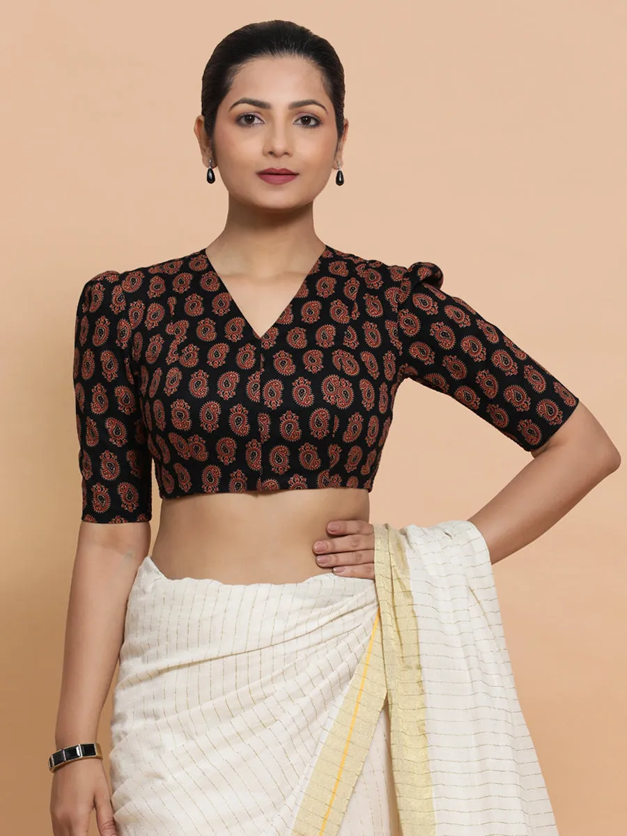 Indira x Rozaana | Elbow Sleeves Cotton Saree Blouse in Black Mango Block Print Fabric