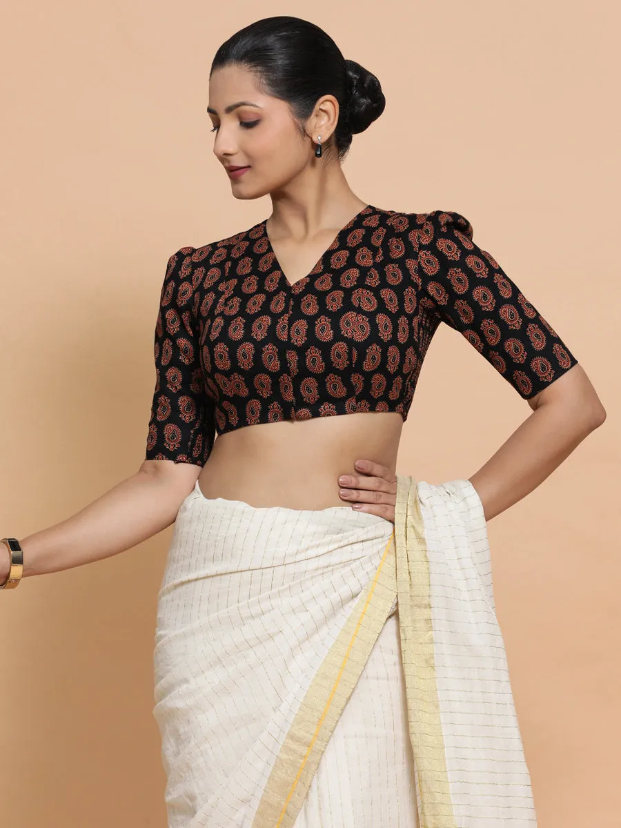 Indira x Rozaana | Elbow Sleeves Cotton Saree Blouse in Black Mango Block Print Fabric