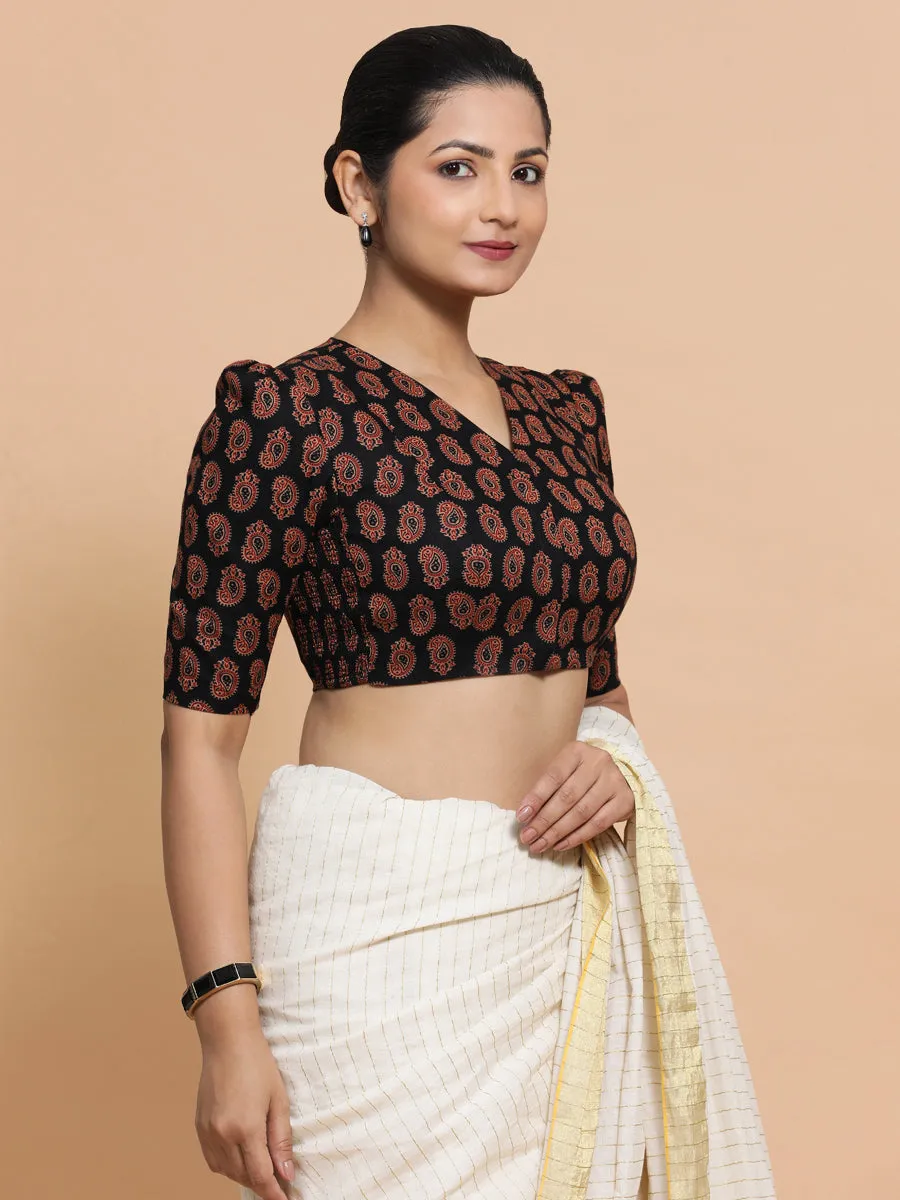 Indira x Rozaana | Elbow Sleeves Cotton Saree Blouse in Black Mango Block Print Fabric