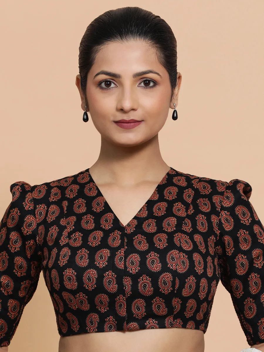 Indira x Rozaana | Elbow Sleeves Cotton Saree Blouse in Black Mango Block Print Fabric