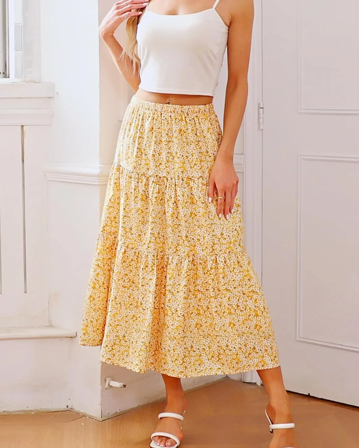 Kingfancy Women's Boho Midi Skirt A-Line Ruffle Elastic High Waist Tiered Flowy Skirts