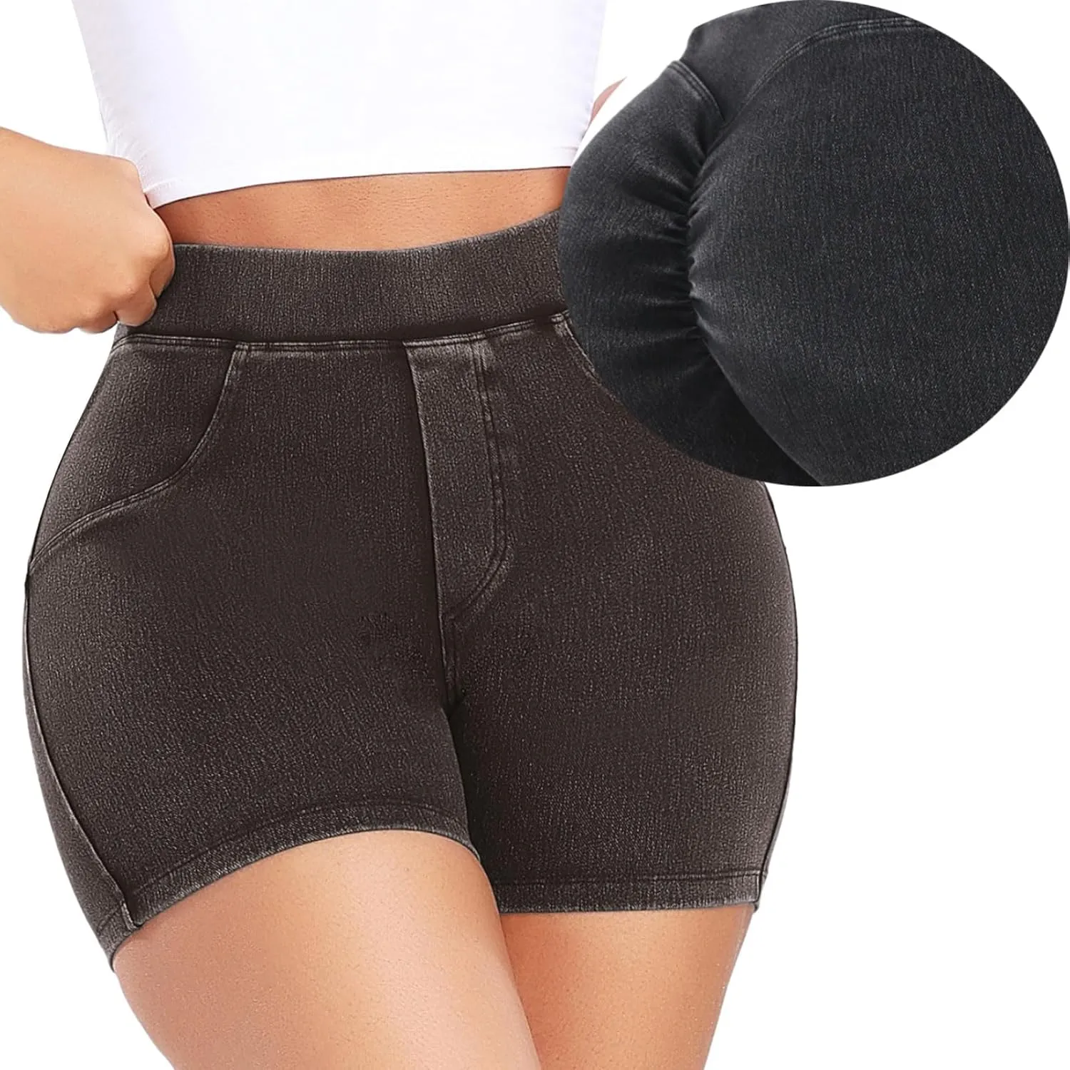 KIWI RATA Womens Jean Shorts Stretchy, High Waisted Scrunch Butt Shorts, Summer Casual Denim Butt Lift Shorts