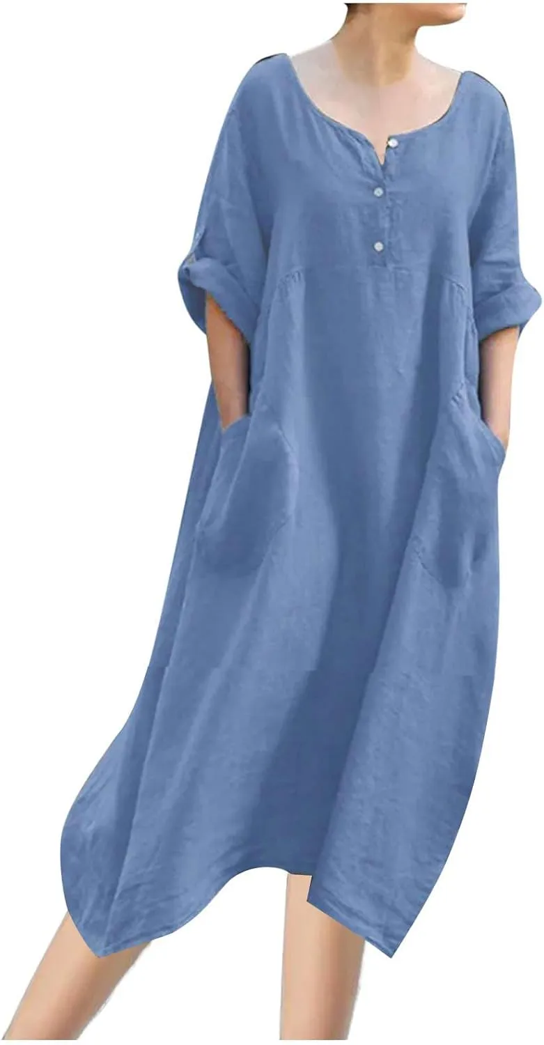 Linen Dress for Women Button Down Casual Crewneck Long Sleeve Dress Flowy Summer Vacation Beach Dress with Pockets
